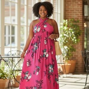 Wonderly Pink Tropical Halter Sundress Boho Resort Vacation Dress L